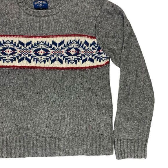Aeropostale Sweater Men XL Gray Chunky Knit Crew Neck Fair Isle Bohemian Holiday - Picture 4 of 16